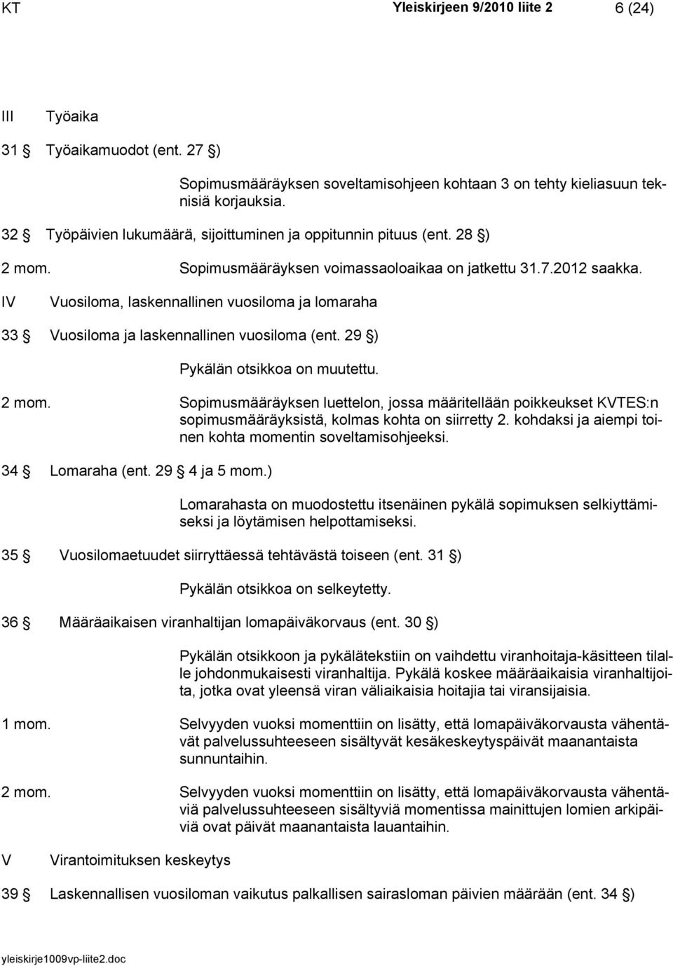 IV Vuosiloma, laskennallinen vuosiloma ja lomaraha 33 Vuosiloma ja laskennallinen vuosiloma (ent. 29 ) Pykälän otsikkoa on muutettu. 2 mom.