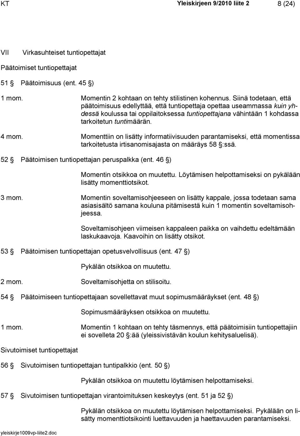 Momenttiin on lisätty informatiivisuuden parantamiseksi, että momentissa tarkoitetusta irtisanomisajasta on määräys 58 :ssä. 52 Päätoimisen tuntiopettajan peruspalkka (ent.