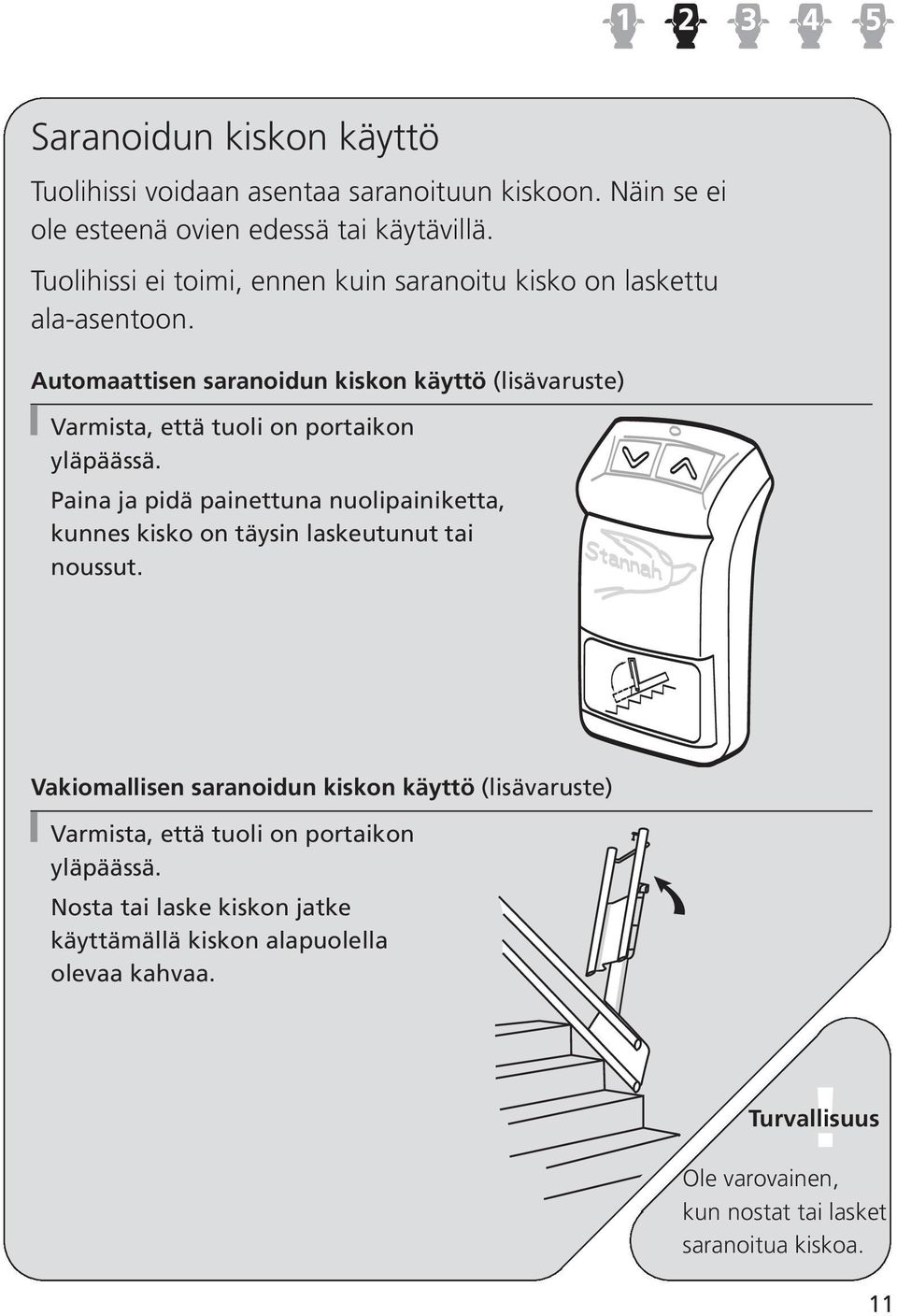 Automaattisen saranoidun kiskon käyttö (lisävaruste) Varmista, että tuoli on portaikon yläpäässä.