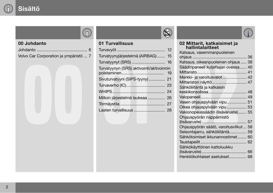 .. 27 Lasten turvallisuus... 28 02 Mittarit, katkaisimet ja hallintalaitteet Katsaus, vasemmanpuoleinen ohjaus... 36 Katsaus, oikeanpuoleinen ohjaus... 38 Säädinpaneeli kuljettajan ovessa.