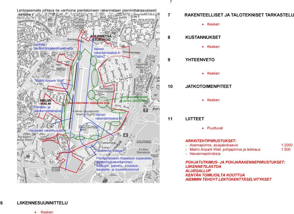aluejakokaavio 1:2000 - Malmi Airpark Wall, pohjapiirros ja leikkaus 1:500 - Havainnepiirroksia POHJATUTKIMUS- JA