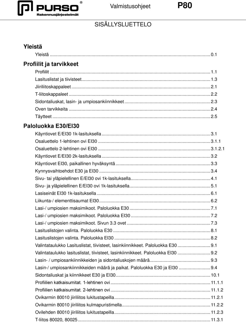 ..3.1.1 Osaluettelo 2-lehtinen ovi EI30...3.1.2.1 Käyntiovet E/EI30 2k-lasituksella...3.2 Käyntiovet EI30, paikallinen hyväksyntä...3.3 Kynnysvaihtoehdot E30 ja EI30...3.4 Sivu- tai yläpielellinen E/EI30 ovi 1k-lasituksella.