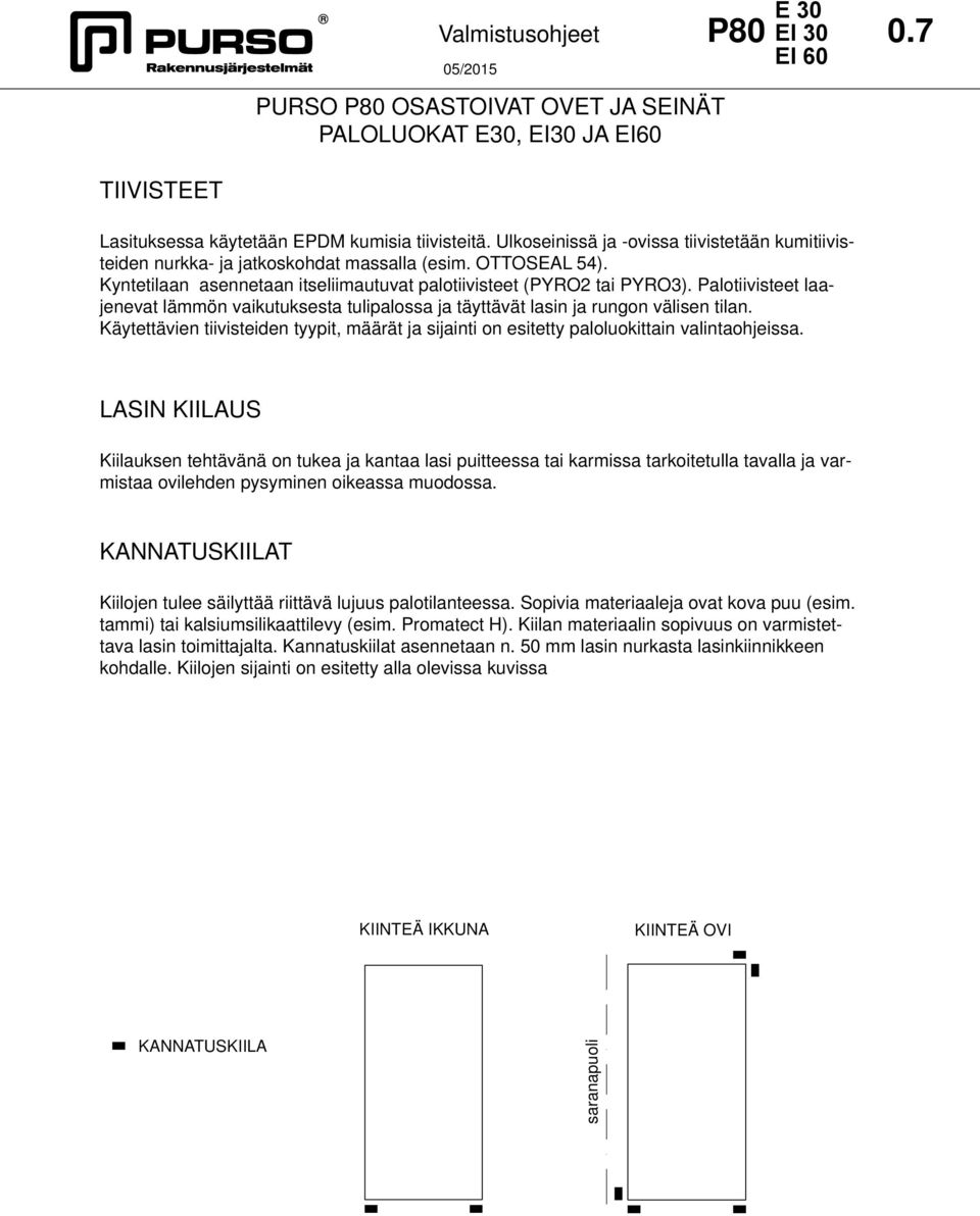 Palotiivisteet laajenevat lämmön vaikutuksesta tulipalossa ja täyttävät lasin ja rungon välisen tilan. Käytettävien tiivisteiden tyypit, määrät ja sijainti on esitetty paloluokittain valintaohjeissa.