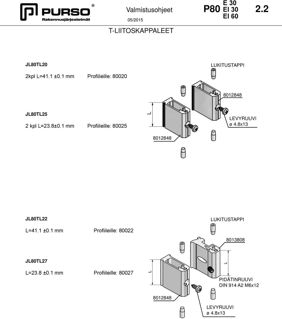 1 mm Profiileille: 80025 L LEVYRUUVI ø 4.8x13 8012848 JL80TL22 LUKITUSTAPPI L=41.1 ±0.