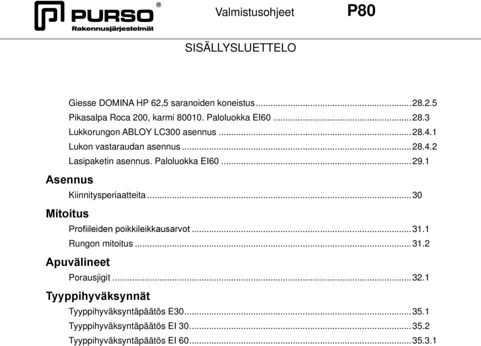 ..30 Profiileiden poikkileikkausarvot...31.1 Rungon mitoitus...31.2 Apuvälineet Porausjigit...32.