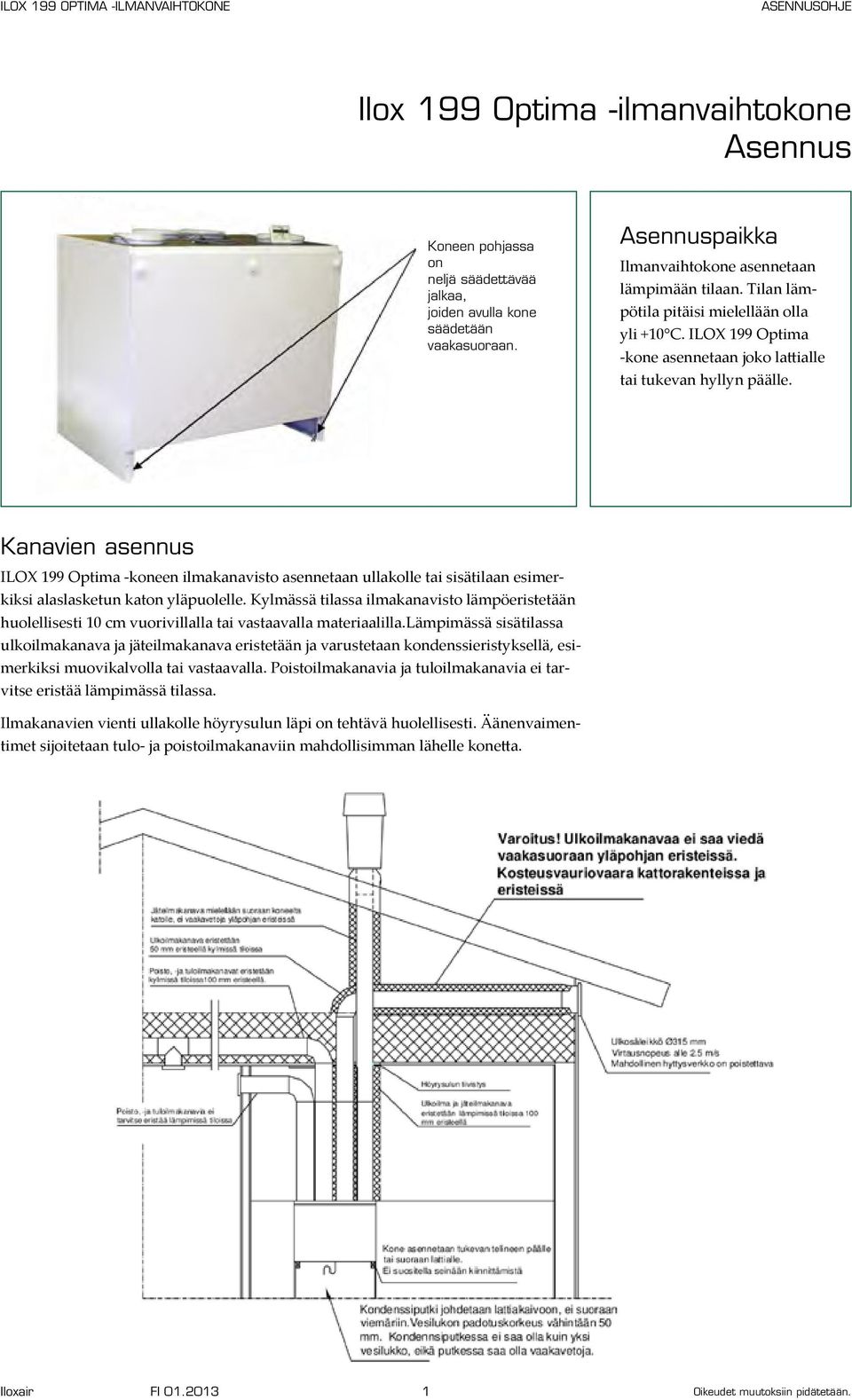 Kanavien asennus ILOX 199 Optima -koneen ilmakanavisto asennetaan ullakolle tai sisätilaan esimerkiksi alaslasketun katon yläpuolelle.