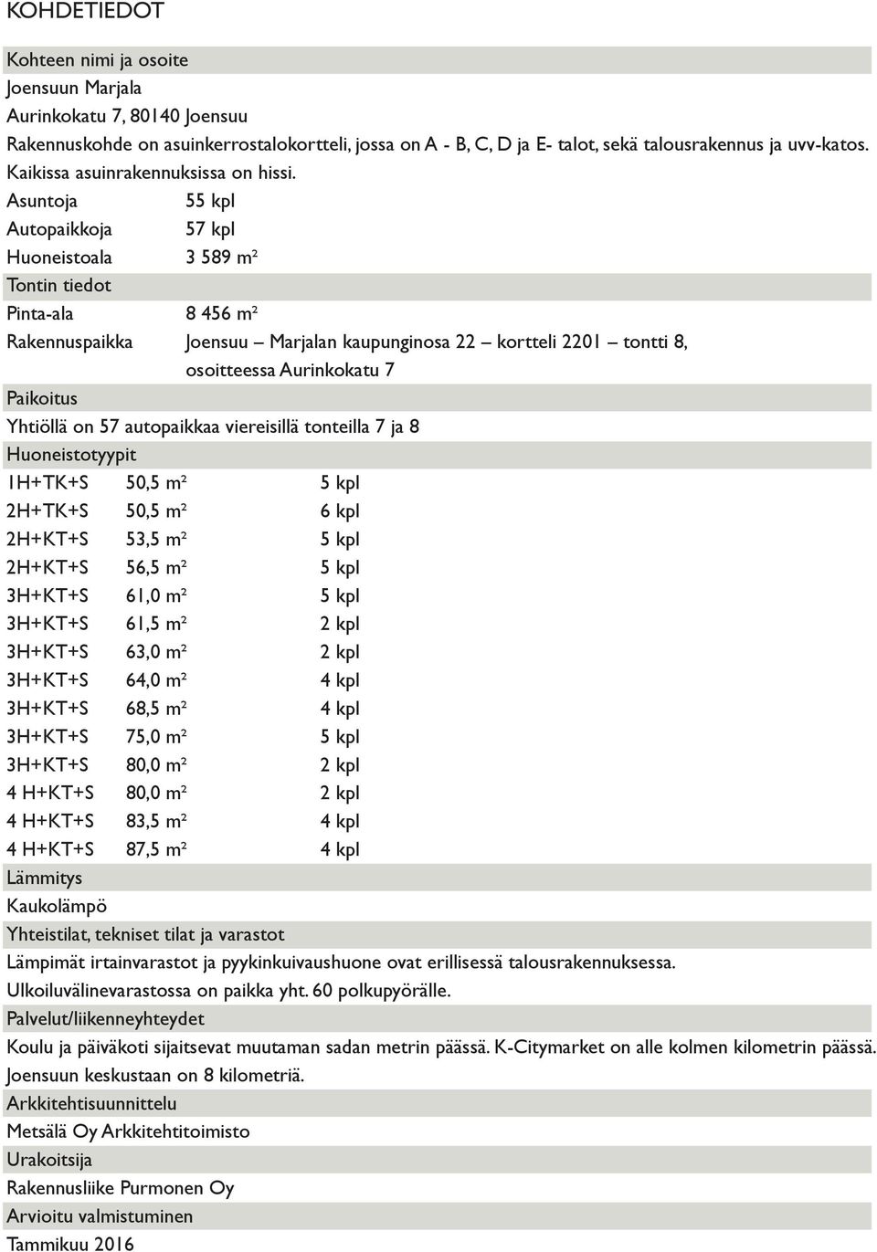 Asuntoja 55 kpl Autopaikkoja 57 kpl Huoneistoala 3 589 m² Tontin tiedot Pinta-ala 8 456 m² Rakennuspaikka Joensuu Marjalan kaupunginosa 22 kortteli 2201 tontti 8, osoitteessa Aurinkokatu 7 Paikoitus