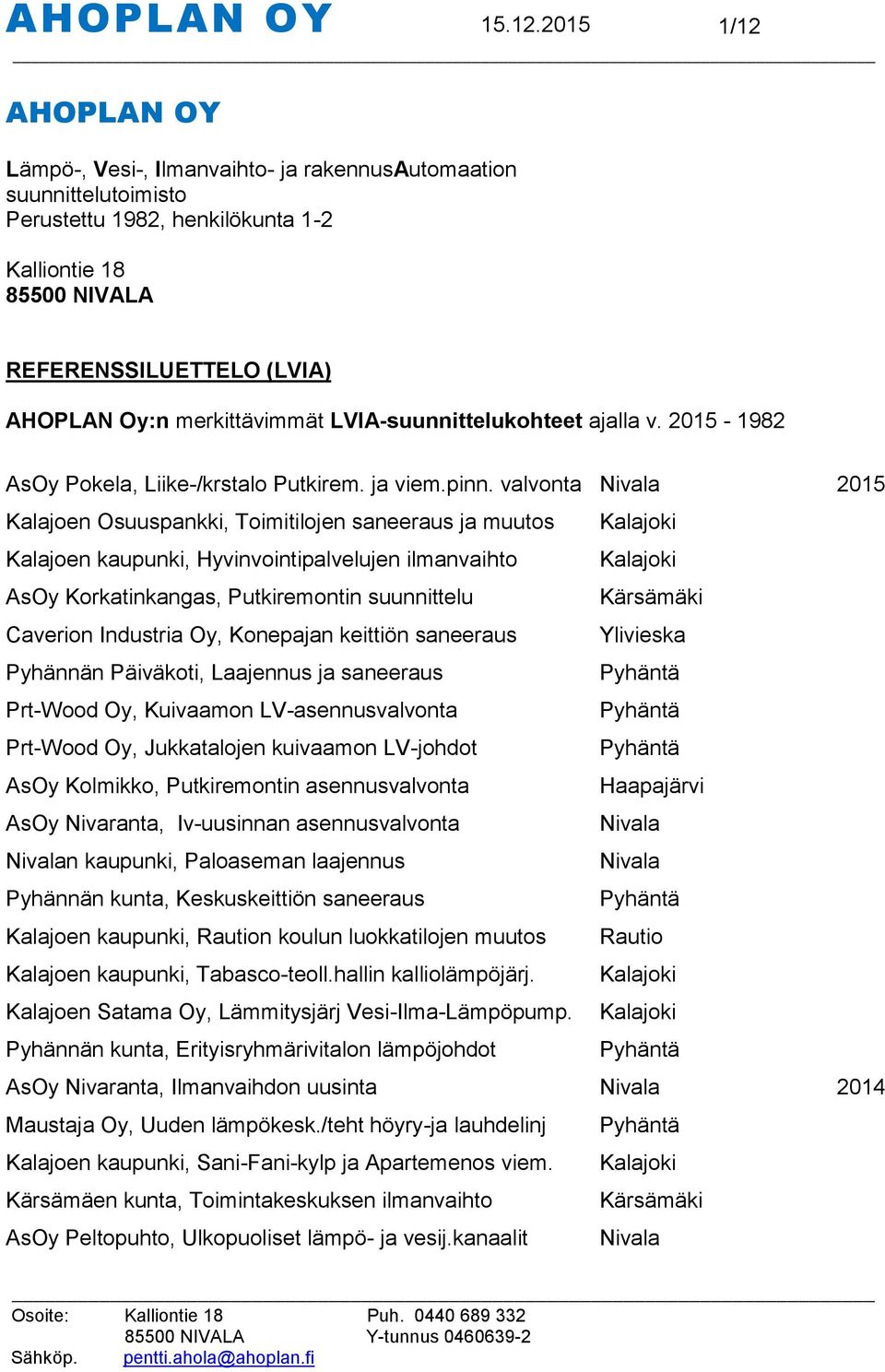 merkittävimmät LVIA-suunnittelukohteet ajalla v. 2015-1982 AsOy Pokela, Liike-/krstalo Putkirem. ja viem.pinn.