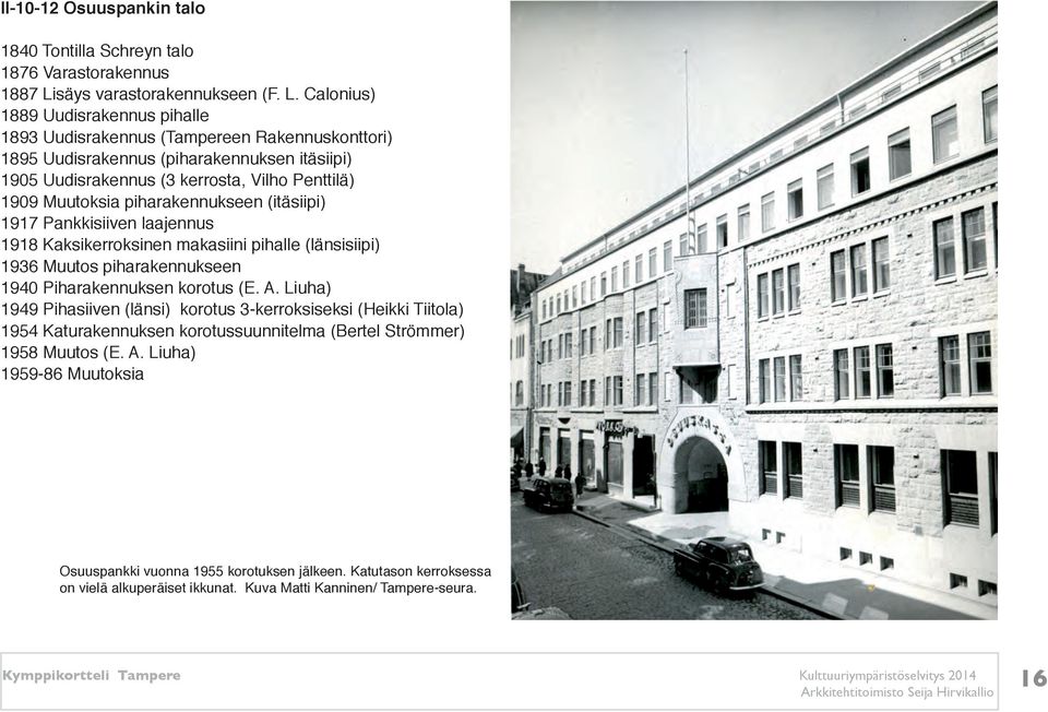 Calonius) 1889 Uudisrakennus pihalle 1893 Uudisrakennus (Tampereen Rakennuskonttori) 1895 Uudisrakennus (piharakennuksen itäsiipi) 1905 Uudisrakennus (3 kerrosta, Vilho Penttilä) 1909 Muutoksia