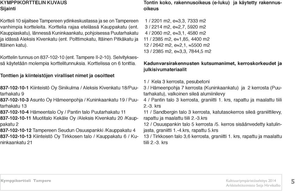 Tampere II-2-10). Selvityksessä käytetään molempia korttelitunnuksia. Korttelissa on 6 tonttia.