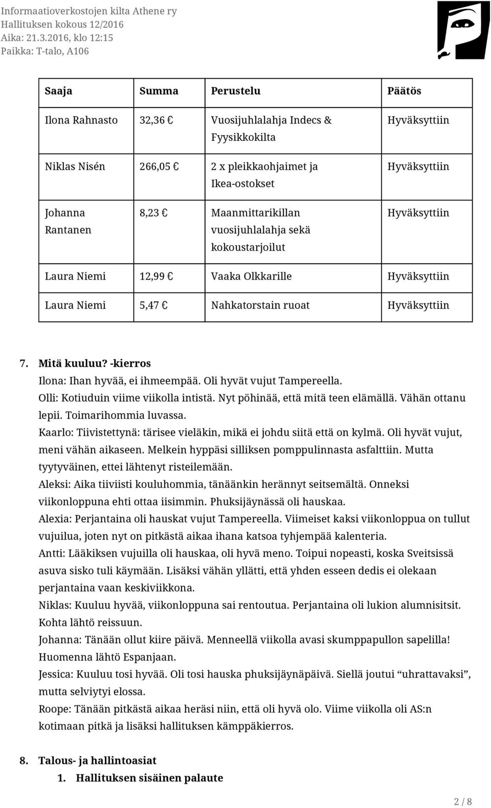 -kierros Ilona: Ihan hyvää, ei ihmeempää. Oli hyvät vujut Tampereella. Olli: Kotiuduin viime viikolla intistä. Nyt pöhinää, että mitä teen elämällä. Vähän ottanu lepii. Toimarihommia luvassa.