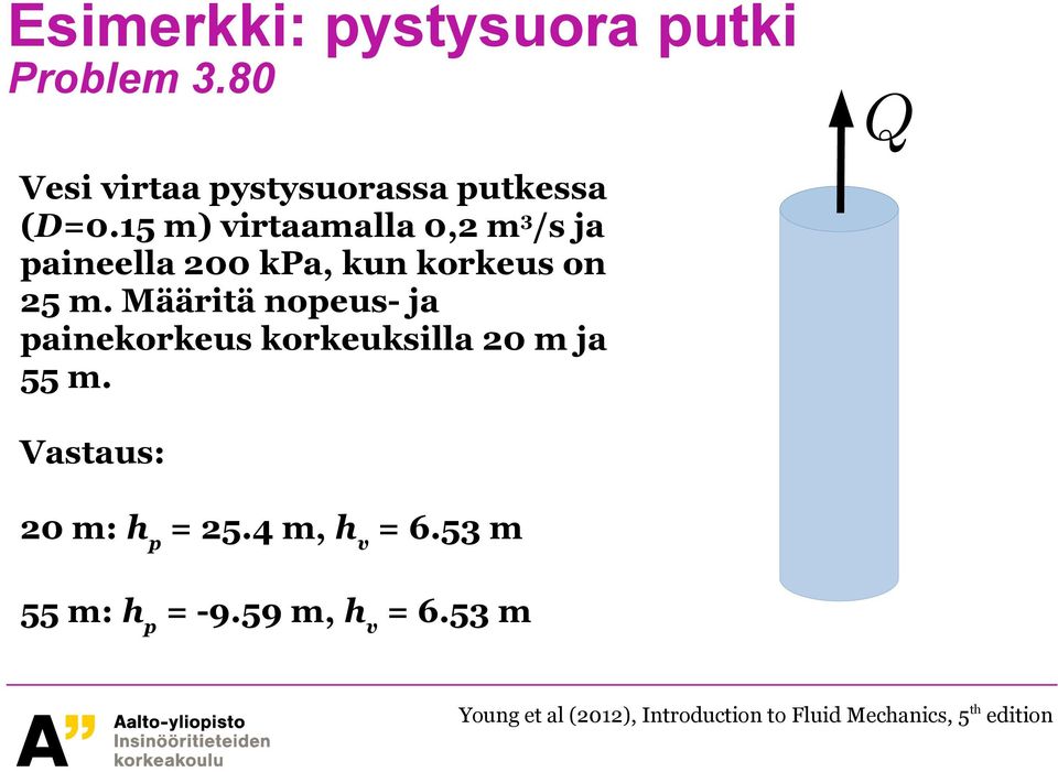 Määritä nopeus- ja painekorkeus korkeuksilla 20 m ja 55 m. Vastaus: 20 m: h p = 25.