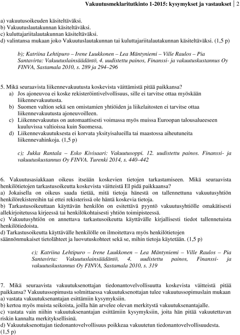 (1,5 p) b); Katriina Lehtipuro Irene Luukkonen Lea Mäntyniemi Ville Raulos Pia Santavirta: Vakuutuslainsäädäntö, 4. uudistettu painos, Finanssi- ja vakuutuskustannus Oy FINVA, Sastamala 2010, s.