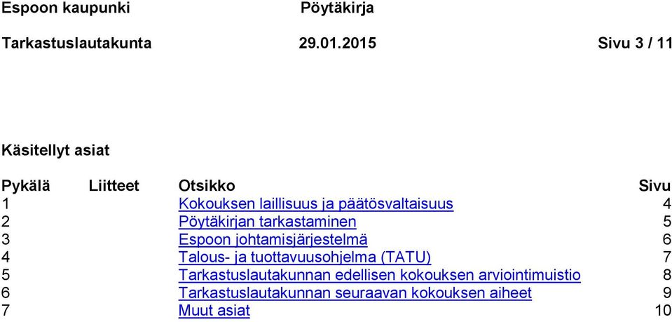 päätösvaltaisuus 4 2 Pöytäkirjan tarkastaminen 5 3 Espoon johtamisjärjestelmä 6 4 Talous- ja