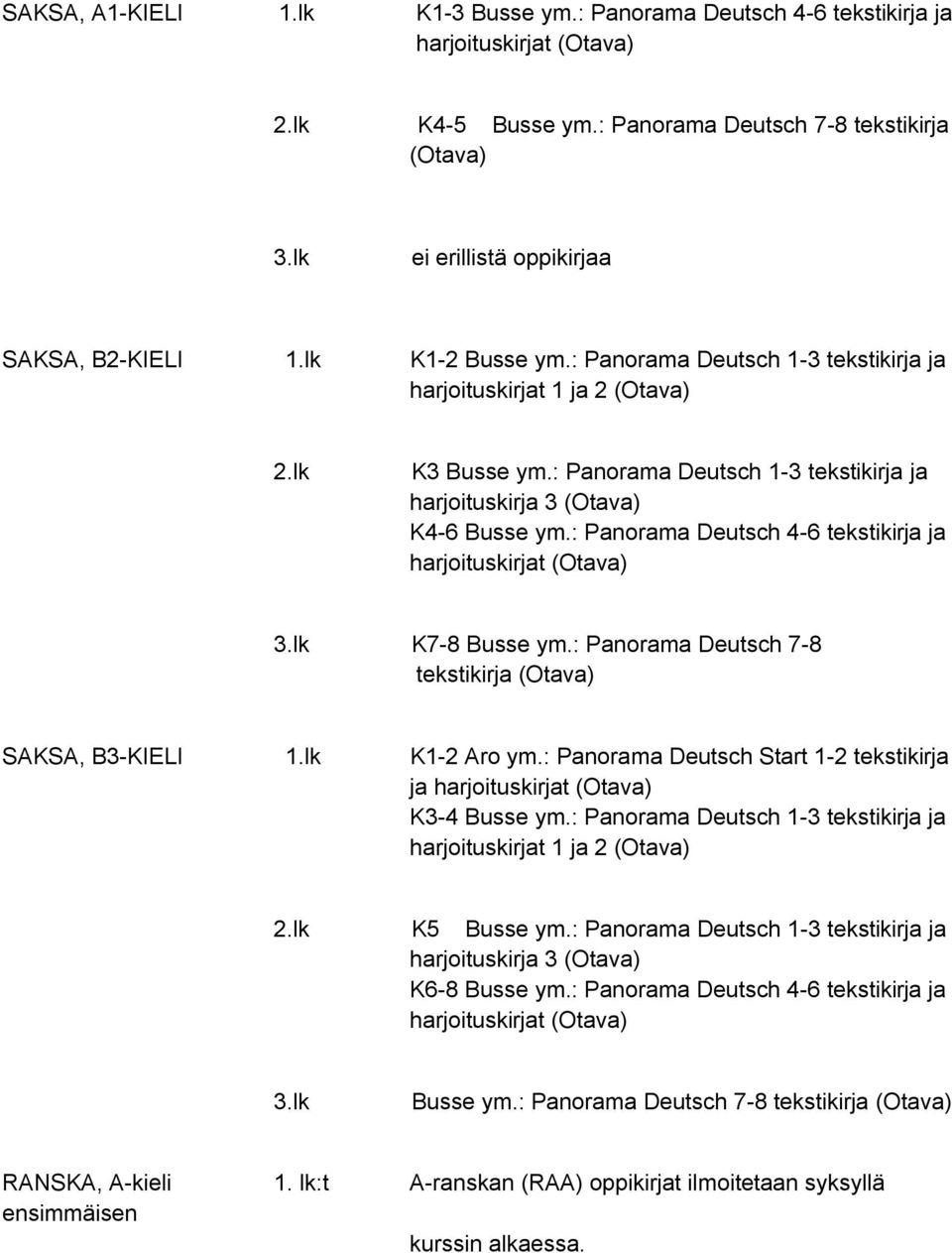 : Panorama Deutsch 1-3 tekstikirja ja harjoituskirja 3 (Otava) K4-6 Busse ym.: Panorama Deutsch 4-6 tekstikirja ja harjoituskirjat (Otava) K7-8 Busse ym.