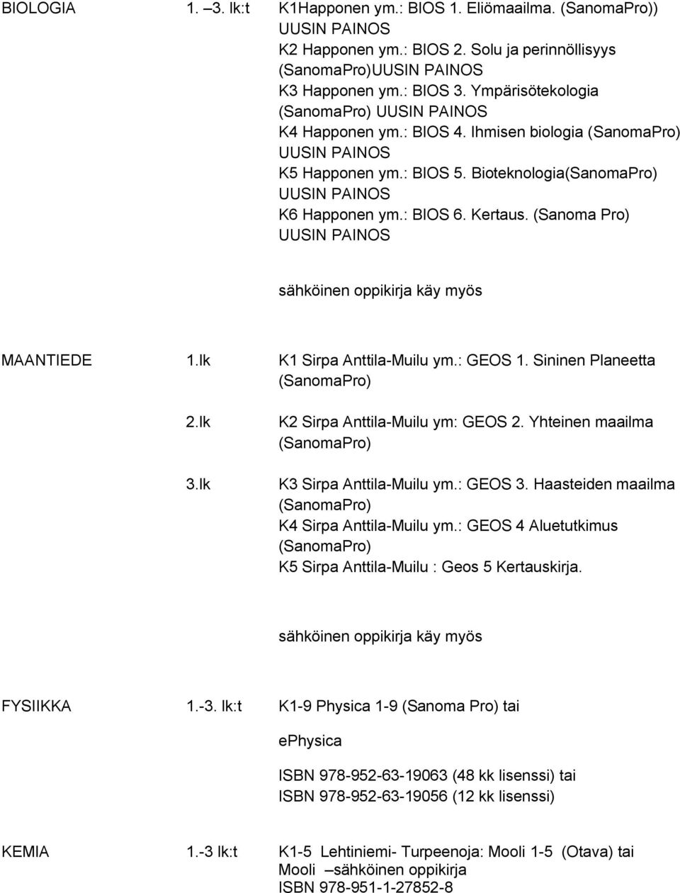 Sininen Planeetta 2.lk K2 Sirpa Anttila-Muilu ym: GEOS 2. Yhteinen maailma K3 Sirpa Anttila-Muilu ym.: GEOS 3. Haasteiden maailma K4 Sirpa Anttila-Muilu ym.