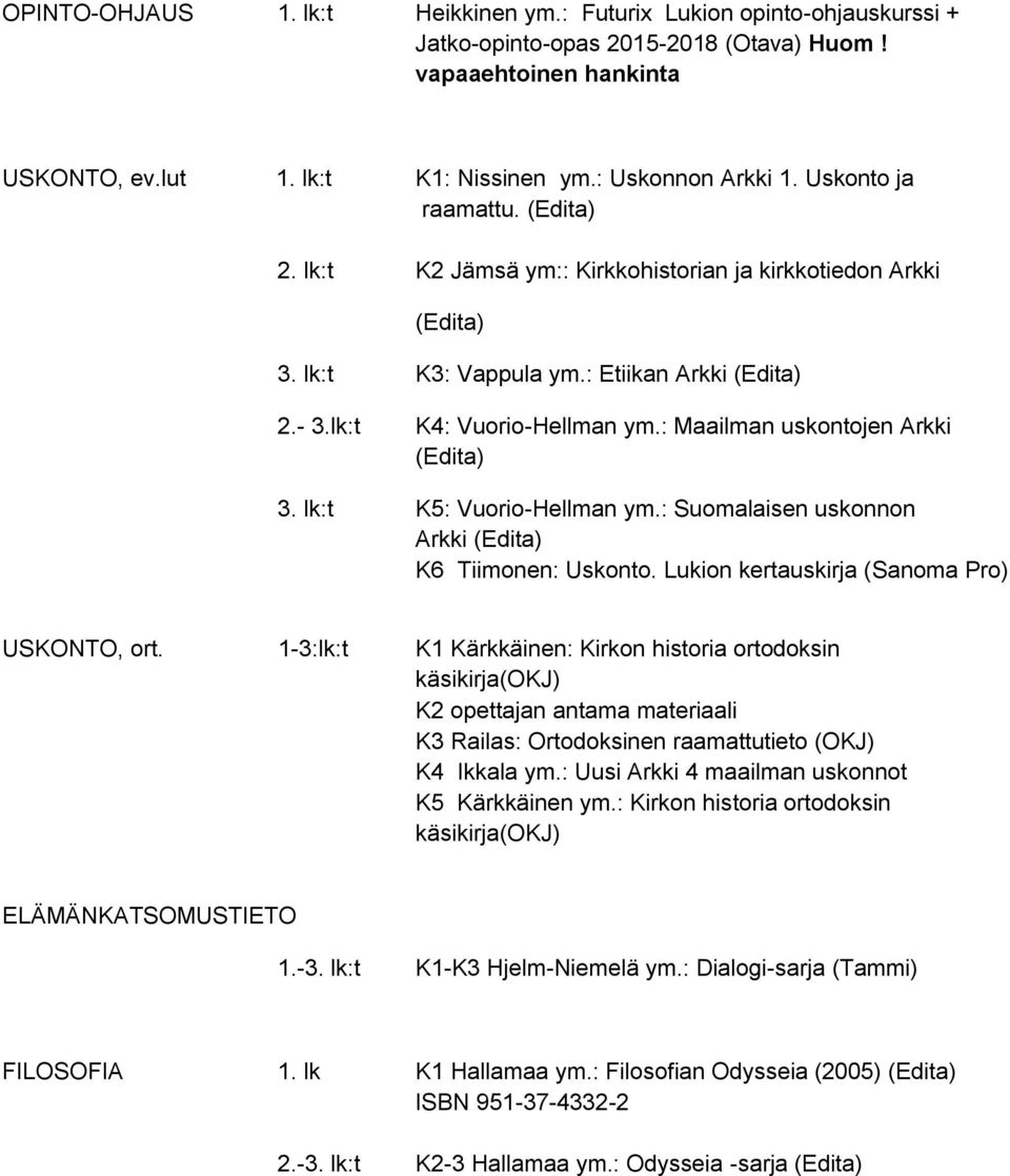 : Maailman uskontojen Arkki (Edita) 3. lk:t K5: Vuorio-Hellman ym.: Suomalaisen uskonnon Arkki (Edita) K6 Tiimonen: Uskonto. Lukion kertauskirja (Sanoma Pro) USKONTO, ort.