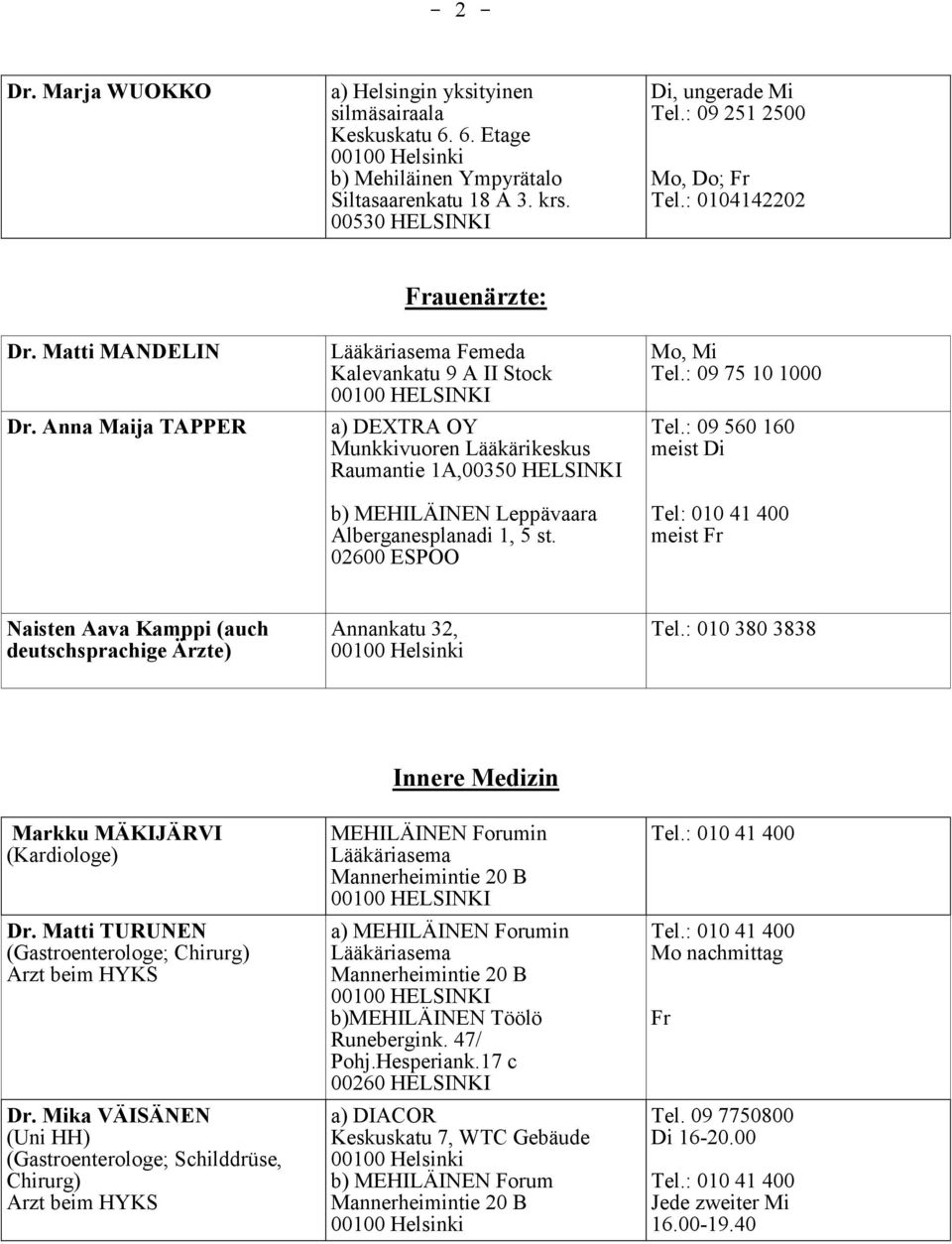 Anna Maija TAPPER Lääkäriasema Femeda Kalevankatu 9 A II Stock a) DEXTRA OY Raumantie 1A, b) MEHILÄINEN Leppävaara Alberganesplanadi 1, 5 st. 02600 ESPOO Mo, Mi Tel.
