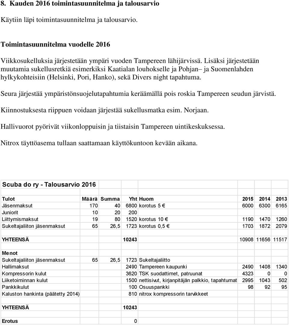 Lisäksi järjestetään muutamia sukellusretkiä esimerkiksi Kaatialan louhokselle ja Pohjan ja Suomenlahden hylkykohteisiin (Helsinki, Pori, Hanko), sekä Divers night tapahtuma.