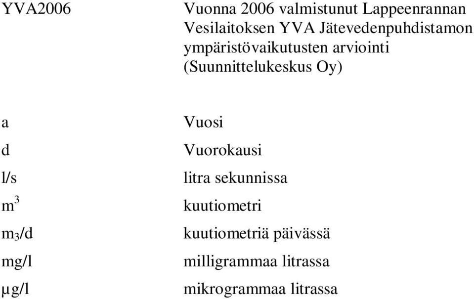 (Suunnittelukeskus Oy) a d l/s m 3 m 3 /d mg/l µg/l Vuosi Vuorokausi