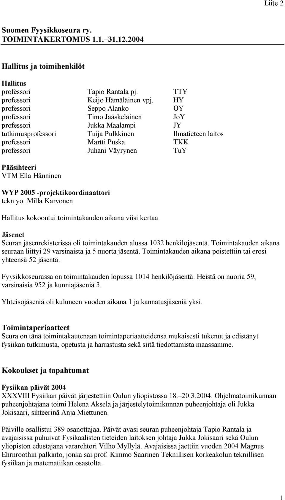 Väyrynen TuY Pääsihteeri VTM Ella Hänninen WYP 2005 -projektikoordinaattori tekn.yo. Milla Karvonen Hallitus kokoontui toimintakauden aikana viisi kertaa.