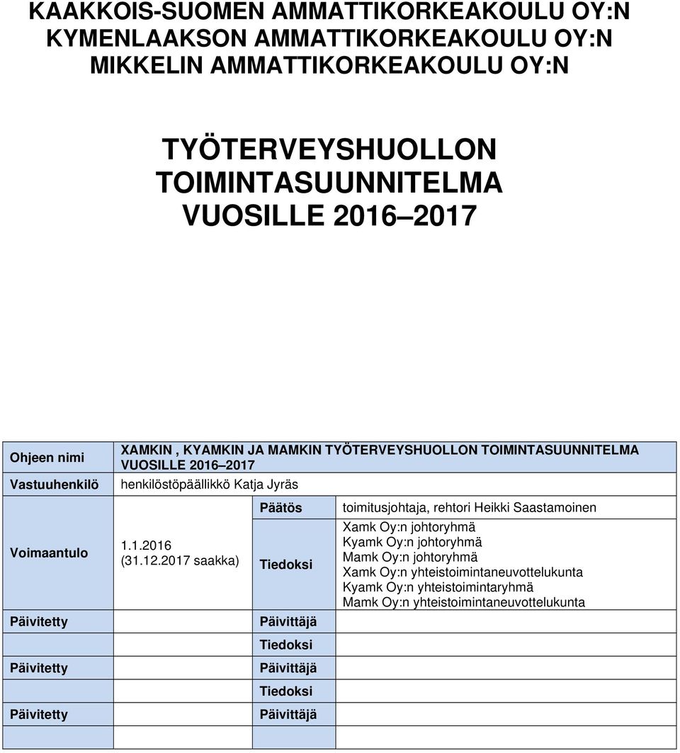 rehtori Heikki Saastamoinen Voimaantulo 1.1.2016 (31.12.