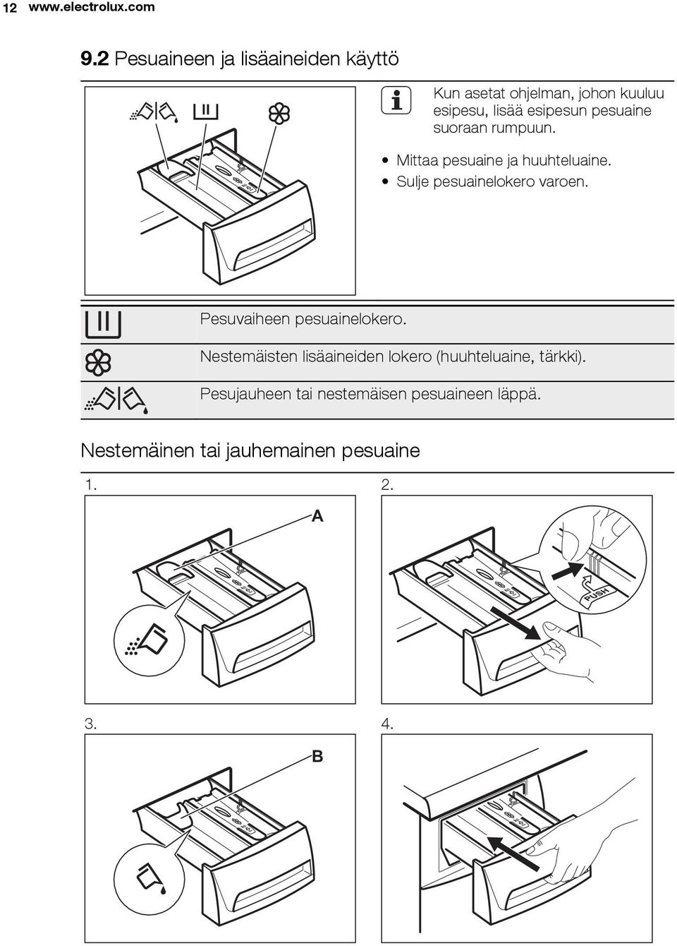 pesuaine suoraan rumpuun. Mittaa pesuaine ja huuhteluaine. Sulje pesuainelokero varoen.