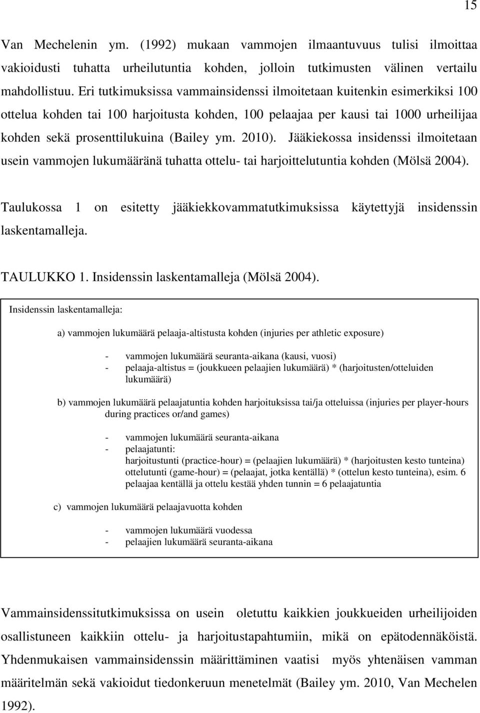 2010). Jääkiekossa insidenssi ilmoitetaan usein vammojen lukumääränä tuhatta ottelu- tai harjoittelutuntia kohden (Mölsä 2004).