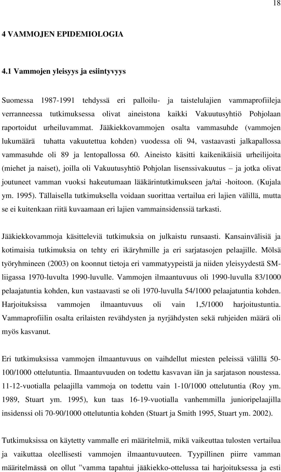 urheiluvammat. Jääkiekkovammojen osalta vammasuhde (vammojen lukumäärä tuhatta vakuutettua kohden) vuodessa oli 94, vastaavasti jalkapallossa vammasuhde oli 89 ja lentopallossa 60.