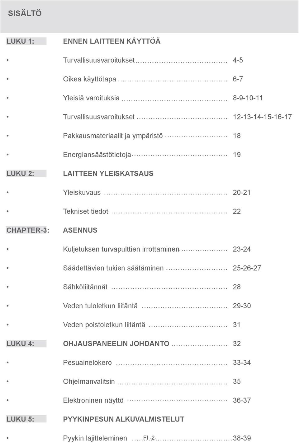 turvapulttien irrottaminen 23-24 Säädettävien tukien säätäminen 25-26-27 Sähköliitännät 28 Veden tuloletkun liitäntä 29-30 Veden poistoletkun liitäntä 31 LUKU