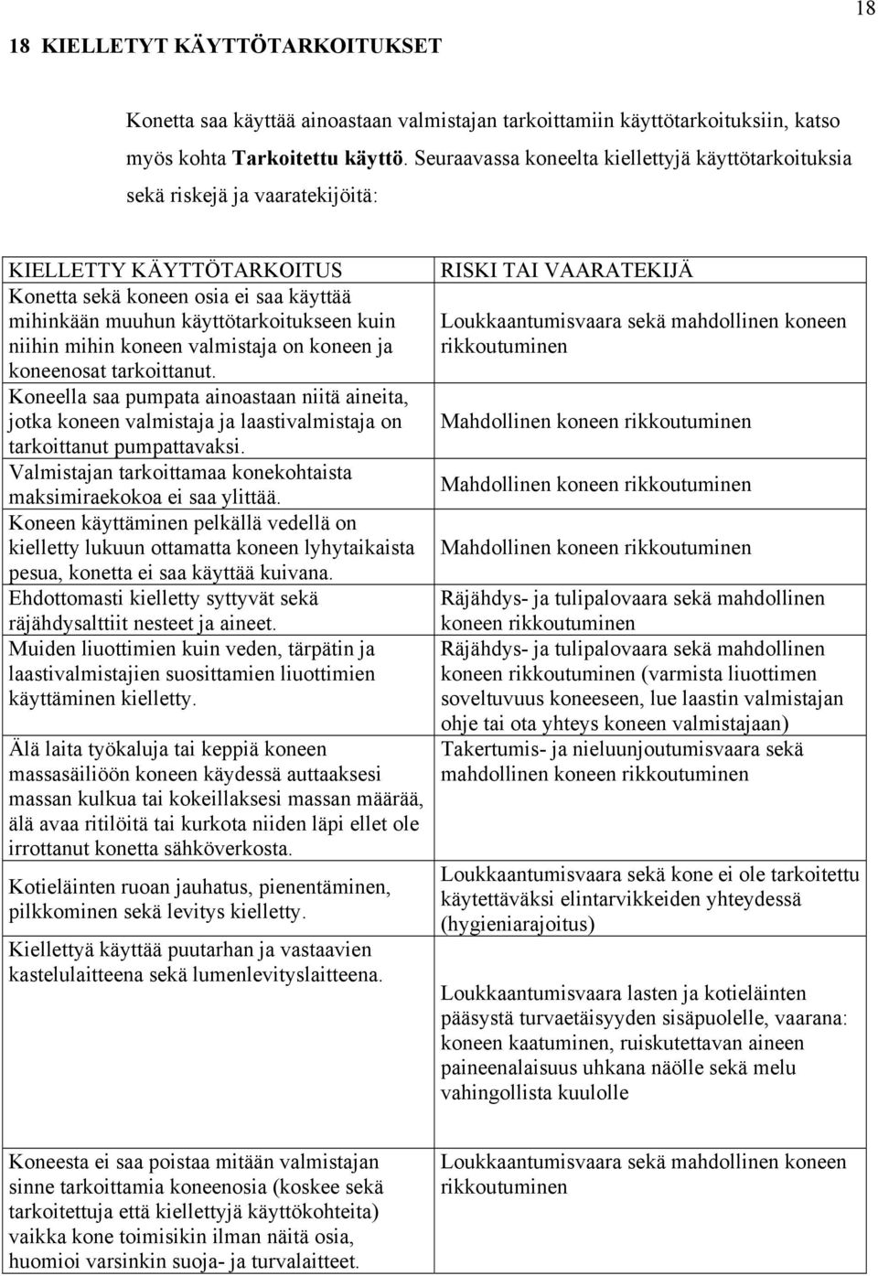 mihin koneen valmistaja on koneen ja koneenosat tarkoittanut. Koneella saa pumpata ainoastaan niitä aineita, jotka koneen valmistaja ja laastivalmistaja on tarkoittanut pumpattavaksi.