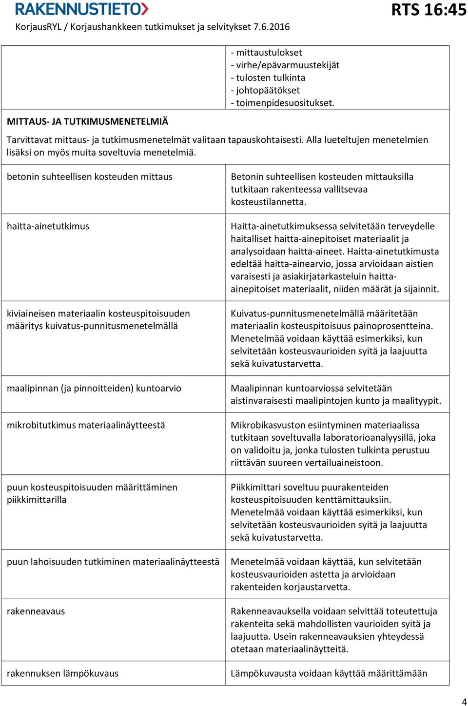 betonin suhteellisen kosteuden mittaus haitta-ainetutkimus kiviaineisen materiaalin kosteuspitoisuuden määritys kuivatus-punnitusmenetelmällä maalipinnan (ja pinnoitteiden) kuntoarvio mikrobitutkimus