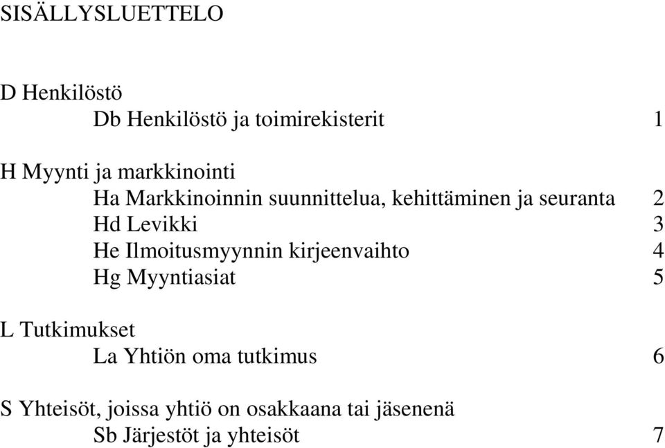3 He Ilmoitusmyynnin kirjeenvaihto 4 Hg Myyntiasiat 5 L Tutkimukset La Yhtiön oma