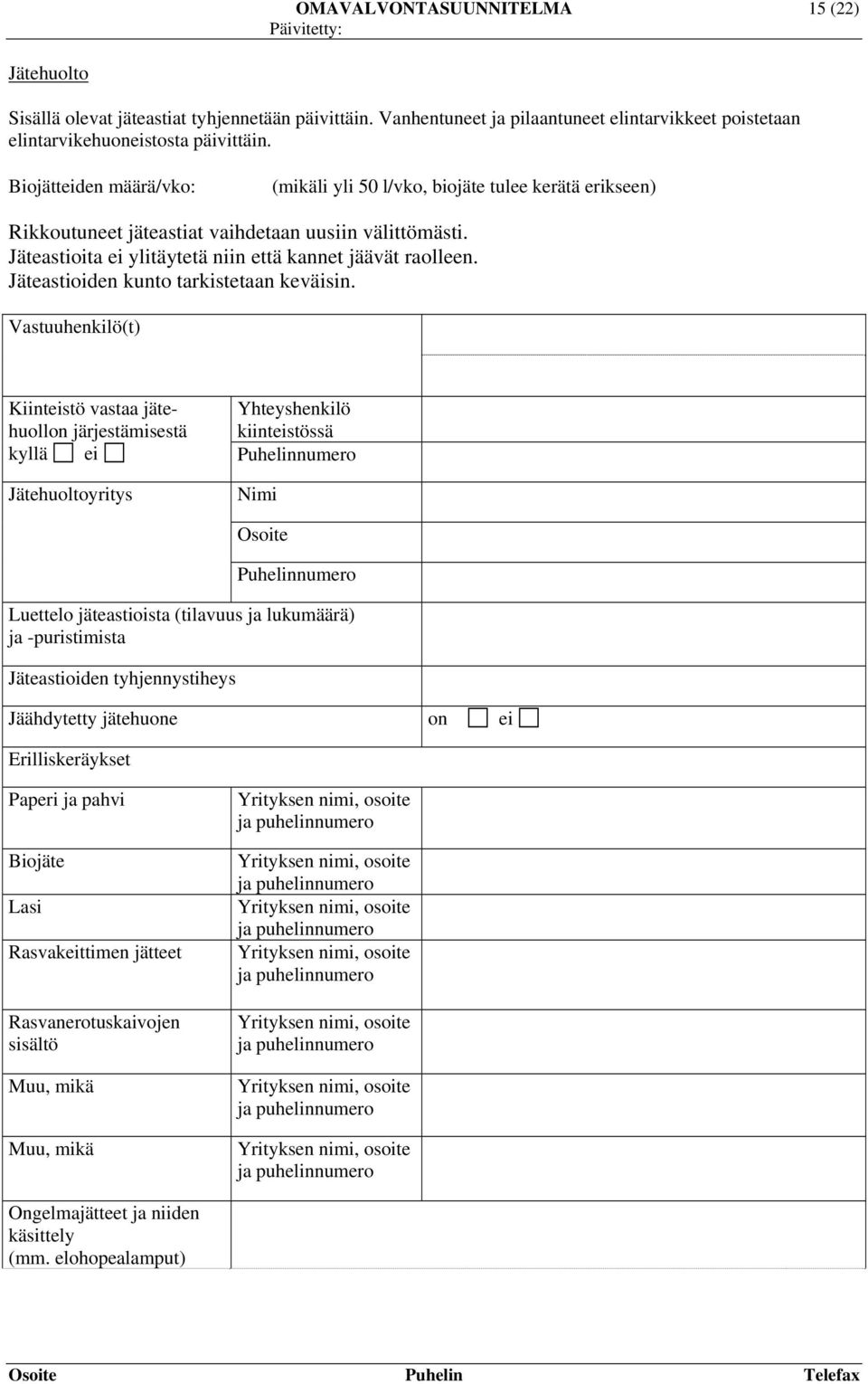 Jäteastioiden kunto tarkistetaan keväisin.