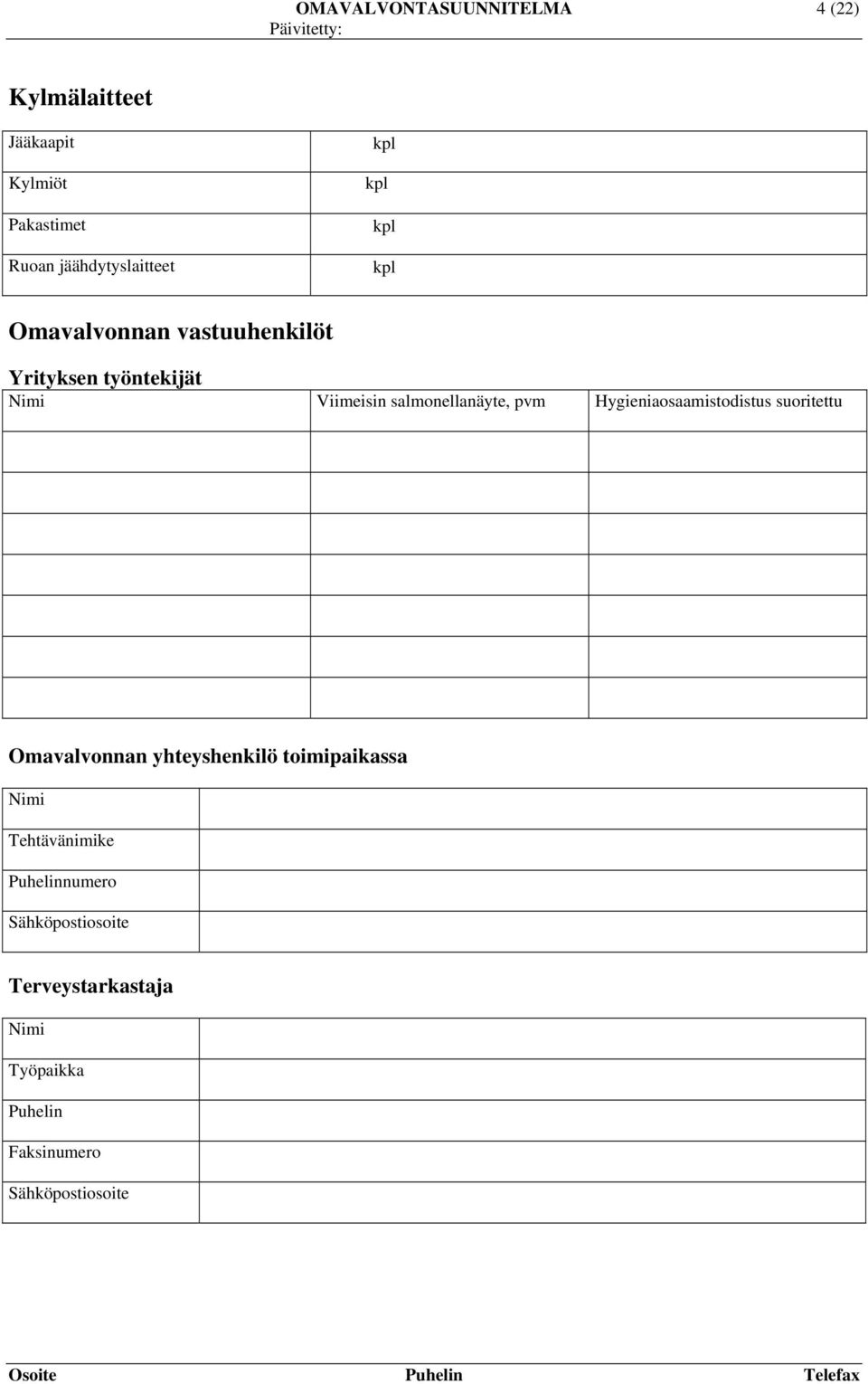 pvm Hygieniaosaamistodistus suoritettu Omavalvonnan yhteyshenkilö toimipaikassa Nimi Tehtävänimike