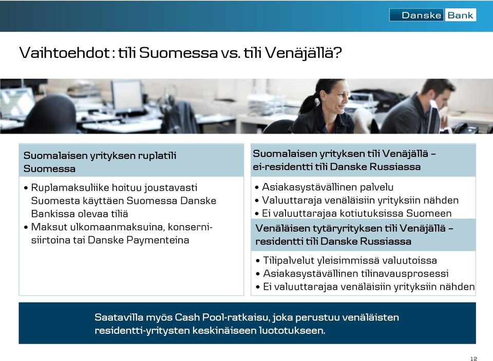 Danske Paymenteina Suomalaisen yrityksen tili Venäjällä ei-residentti tili Danske Russiassa Asiakasystävällinen palvelu Valuuttaraja venäläisiin yrityksiin nähden Ei valuuttarajaa