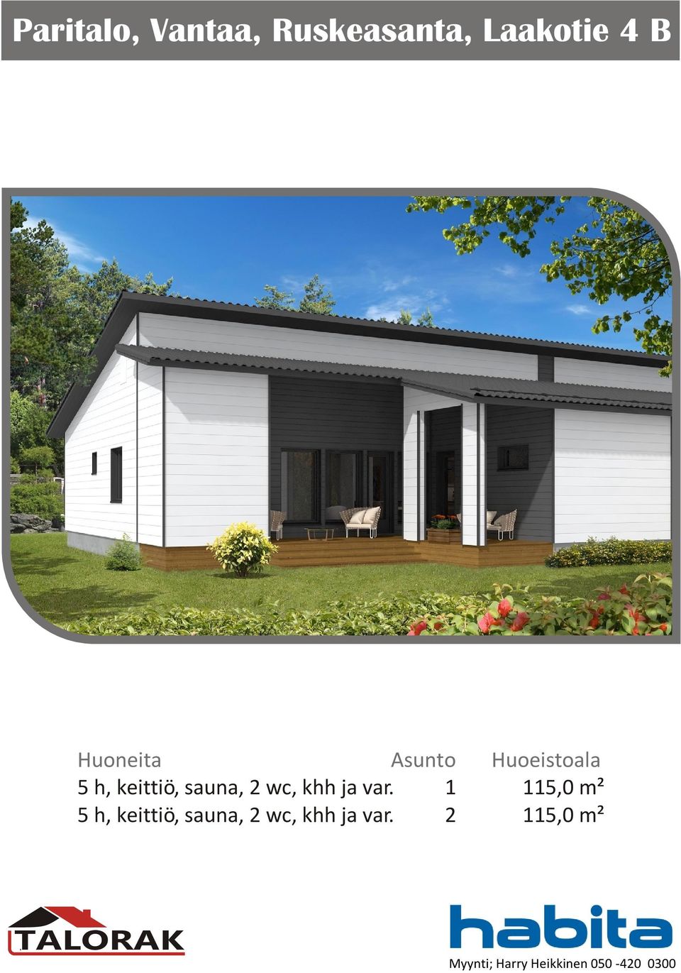 keittiö, sauna, 2 wc, khh ja var 1 115,0