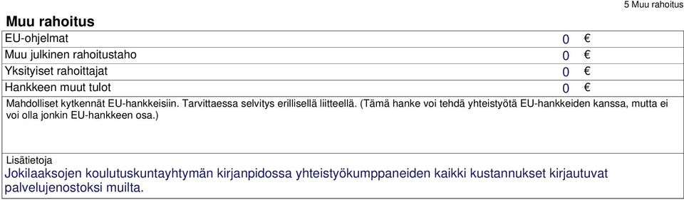 (Tämä hanke voi tehdä yhteistyötä EU-hankkeiden kanssa, mutta ei voi olla jonkin EU-hankkeen osa.