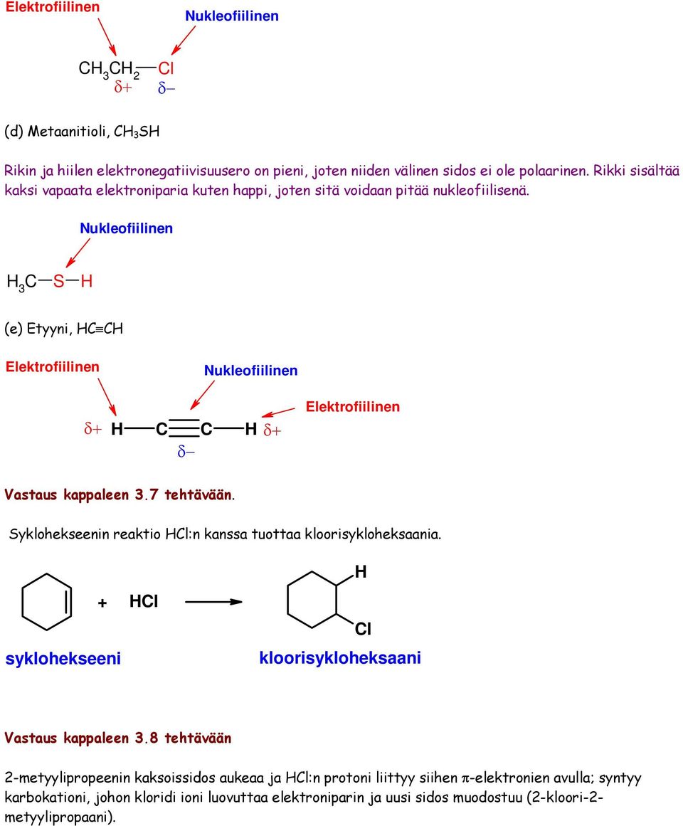 ukleofiilinen 3 S (e) Etyyni, Elektrofiilinen ukleofiilinen δ δ δ Elektrofiilinen Vastaus kappaleen 3.7 tehtävään. Syklohekseenin reaktio l:n kanssa tuottaa kloorisykloheksaania.