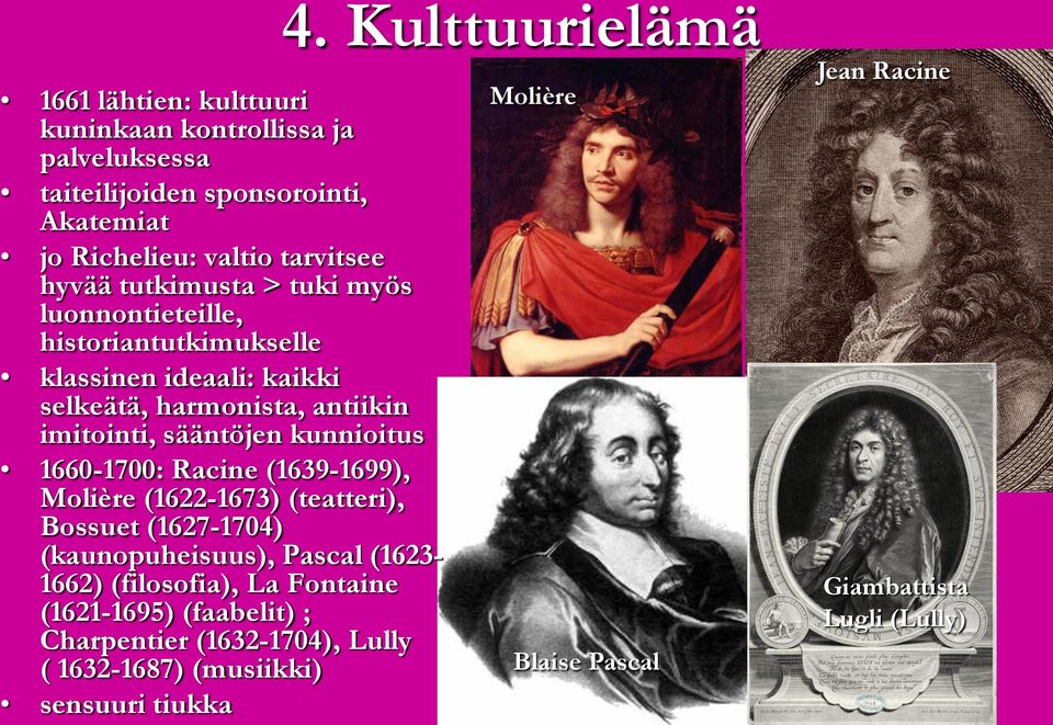 Racine (1639-1699), Molière (1622-1673) (teatteri), Bossuet (1627-1704) (kaunopuheisuus), Pascal (1623-1662) (filosofia), La Fontaine (1621-1695)