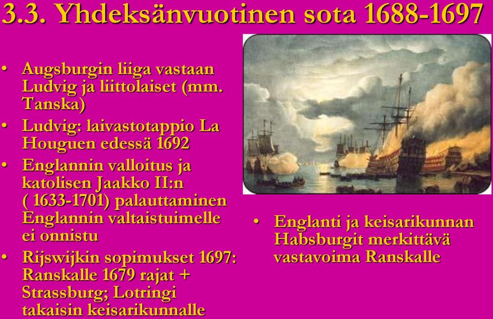 1633-1701) palauttaminen Englannin valtaistuimelle ei onnistu Rijswijkin sopimukset 1697: Ranskalle 1679