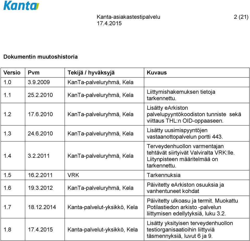 8 Kanta-palvelut-yksikkö, Kela Liittymishakemuksen tietoja tarkennettu. Lisätty earkiston palvelupyyntökoodiston tunniste sekä viittaus THL:n OID-oppaaseen.