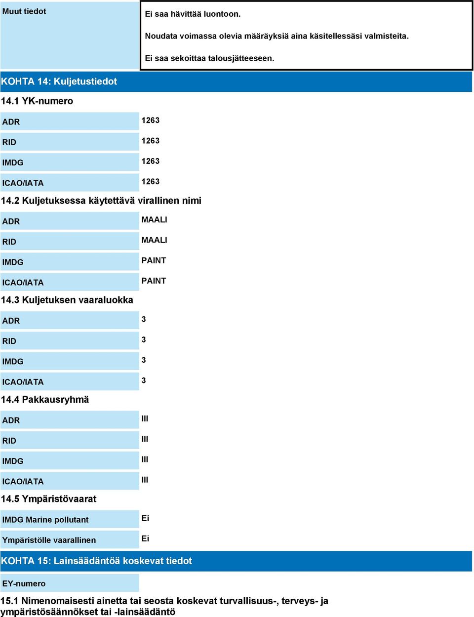 2 Kuljetuksessa käytettävä virallinen nimi ADR RID IMDG ICAO/IATA MAALI MAALI PAINT PAINT 14.3 Kuljetuksen vaaraluokka ADR 3 RID 3 IMDG 3 ICAO/IATA 3 14.