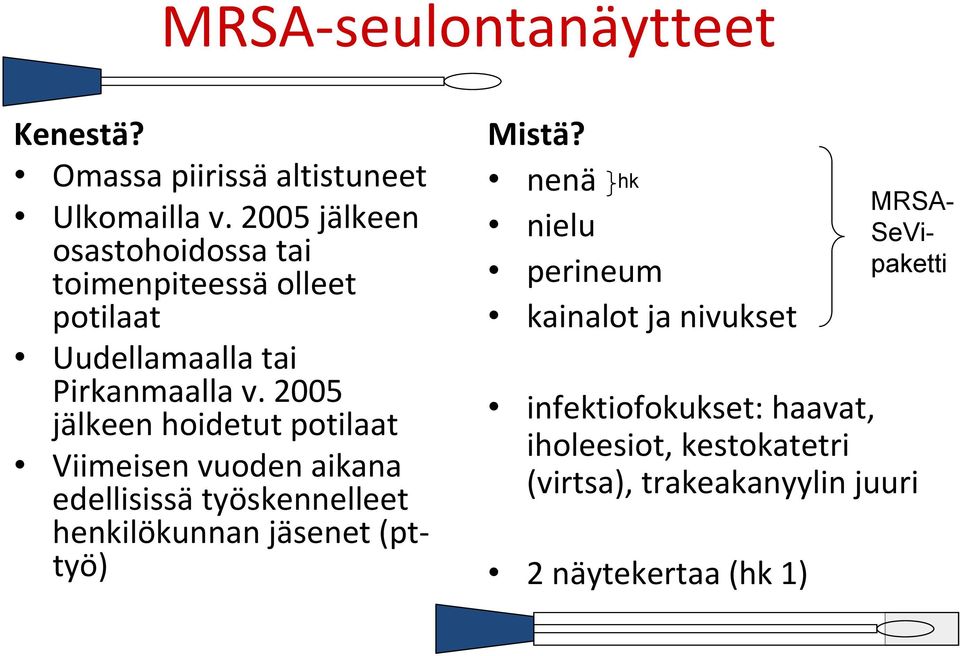 trakeakanyylin juuri 2 näytekertaa (hk 1) Kenestä? Omassa piirissä altistuneet Ulkomailla v.