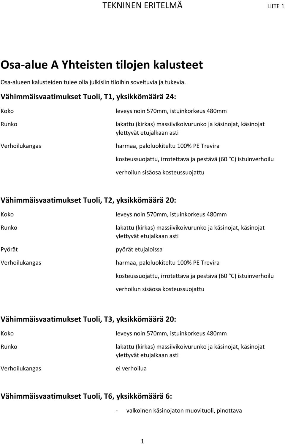 paloluokiteltu 100% PE Trevira kosteussuojattu, irrotettava ja pestävä (60 C) istuinverhoilu verhoilun sisäosa kosteussuojattu Vähimmäisvaatimukset Tuoli, T2, yksikkömäärä 20: Pyörät Verhoilukangas