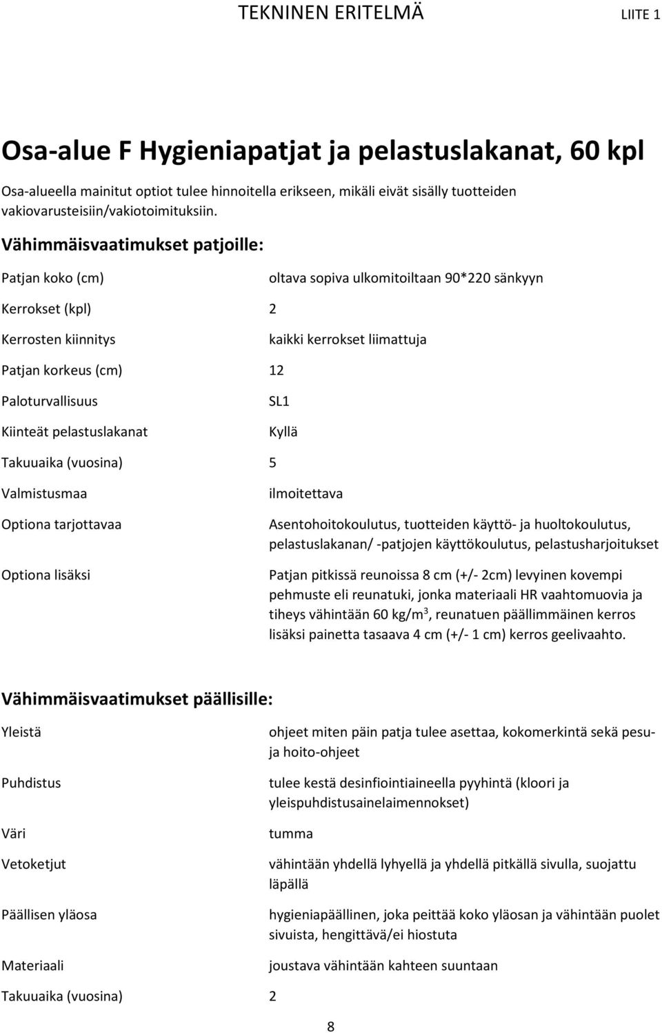 Kiinteät pelastuslakanat SL1 Kyllä Takuuaika (vuosina) 5 Valmistusmaa Optiona tarjottavaa Optiona lisäksi ilmoitettava Asentohoitokoulutus, tuotteiden käyttö- ja huoltokoulutus, pelastuslakanan/