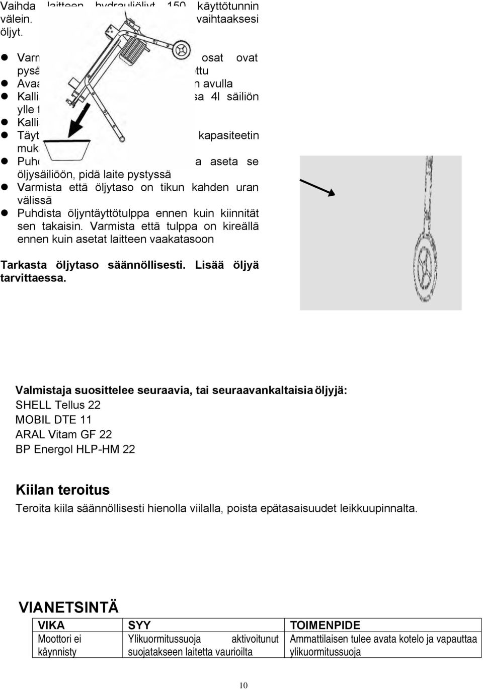 öljyn laitteesta Kallista laite moottorin suuntaan Täytä uutta öljyä kyseisen mallin kapasiteetin mukaisesti Puhdista mittatikun öljyroiskeet ja aseta se öljysäiliöön, pidä laite pystyssä Varmista