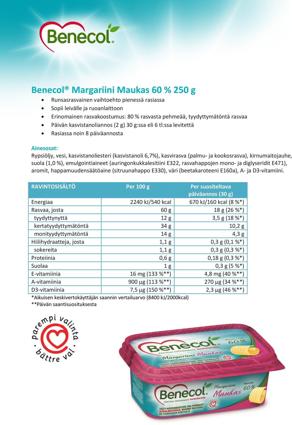 suola (1,0 %), emulgointiaineet (auringonkukkalesitiini E322, rasvahappojen mono- ja diglyseridit E471), aromit, happamuudensäätöaine (sitruunahappo E330), väri (beetakaroteeni E160a), A- ja