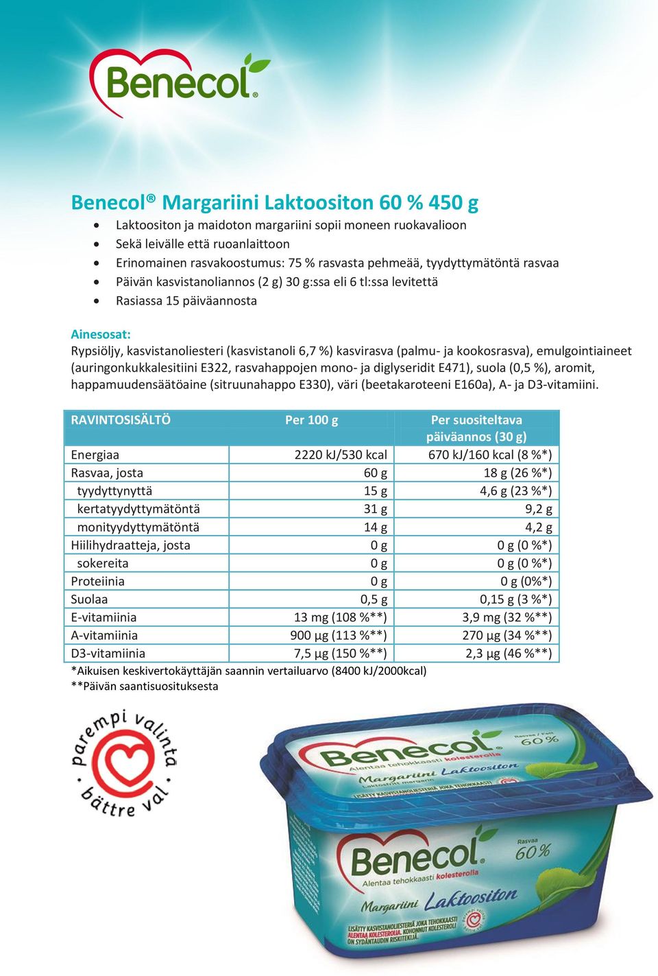 emulgointiaineet (auringonkukkalesitiini E322, rasvahappojen mono- ja diglyseridit E471), suola (0,5 %), aromit, happamuudensäätöaine (sitruunahappo E330), väri (beetakaroteeni E160a), A- ja