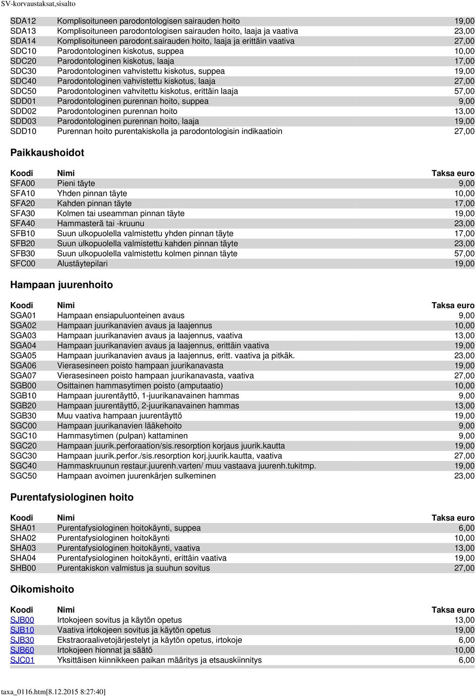 SDC40 Parodontologinen vahvistettu kiskotus, laaja 27,00 SDC50 Parodontologinen vahvitettu kiskotus, erittäin laaja 57,00 SDD01 Parodontologinen purennan hoito, suppea 9,00 SDD02 Parodontologinen